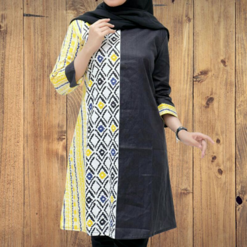 tunik batik tenun soft original hitam polos kombinasi kuning Arta batik Andin fashion wanita dp 12