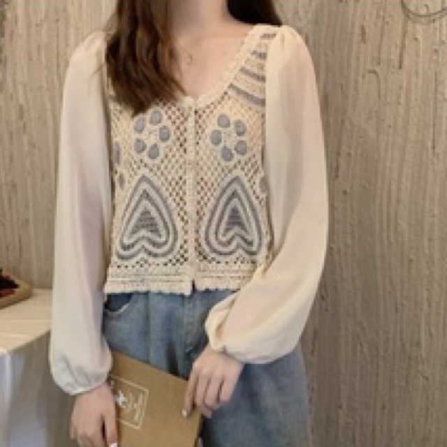 Atasan wanita blouse knit crochet tulle