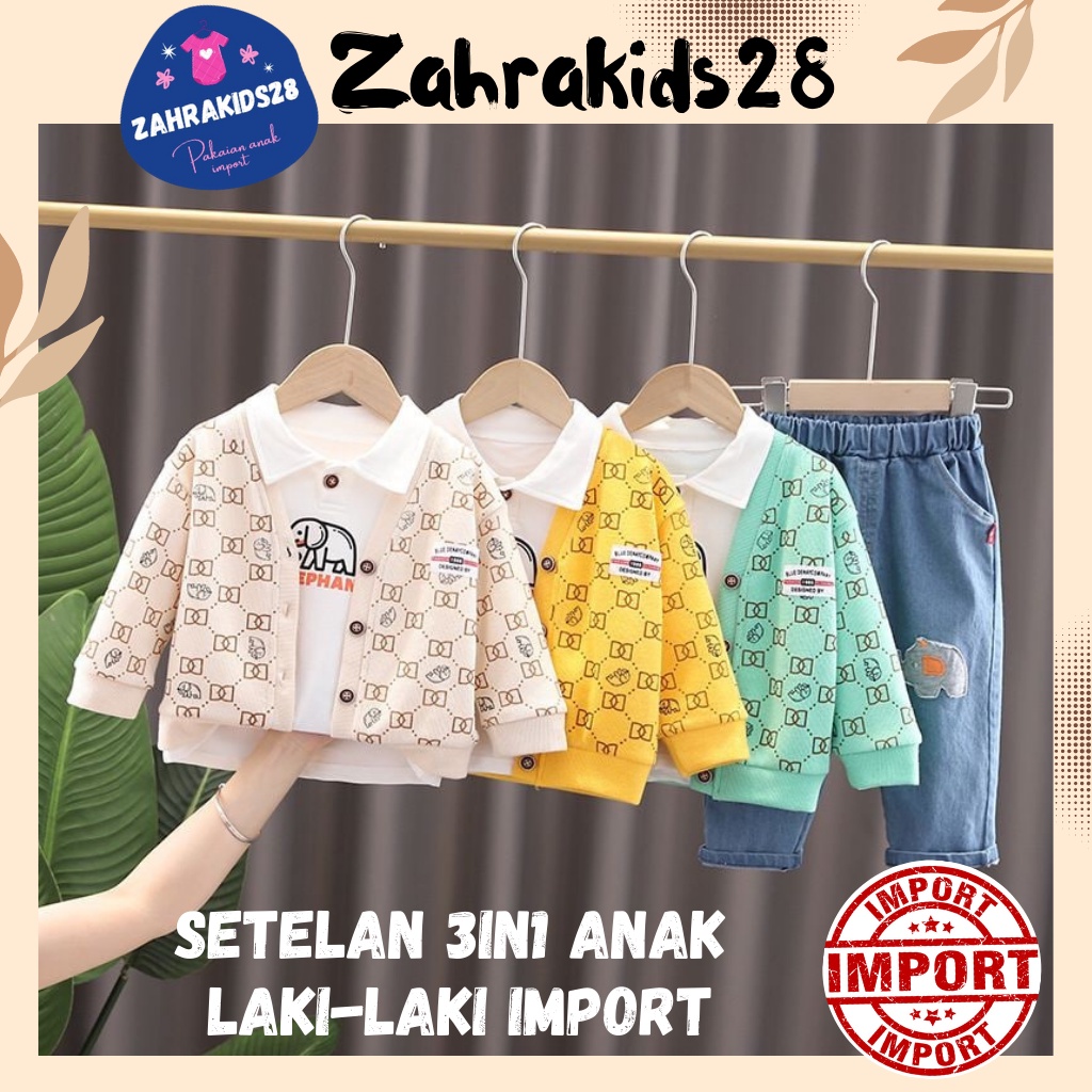 Baju Setelan 3in1 Anak Laki-laki Cowok Import Elephant  Ukuran 1-4 tahun Baju Fashion Set 3in1 Anak 