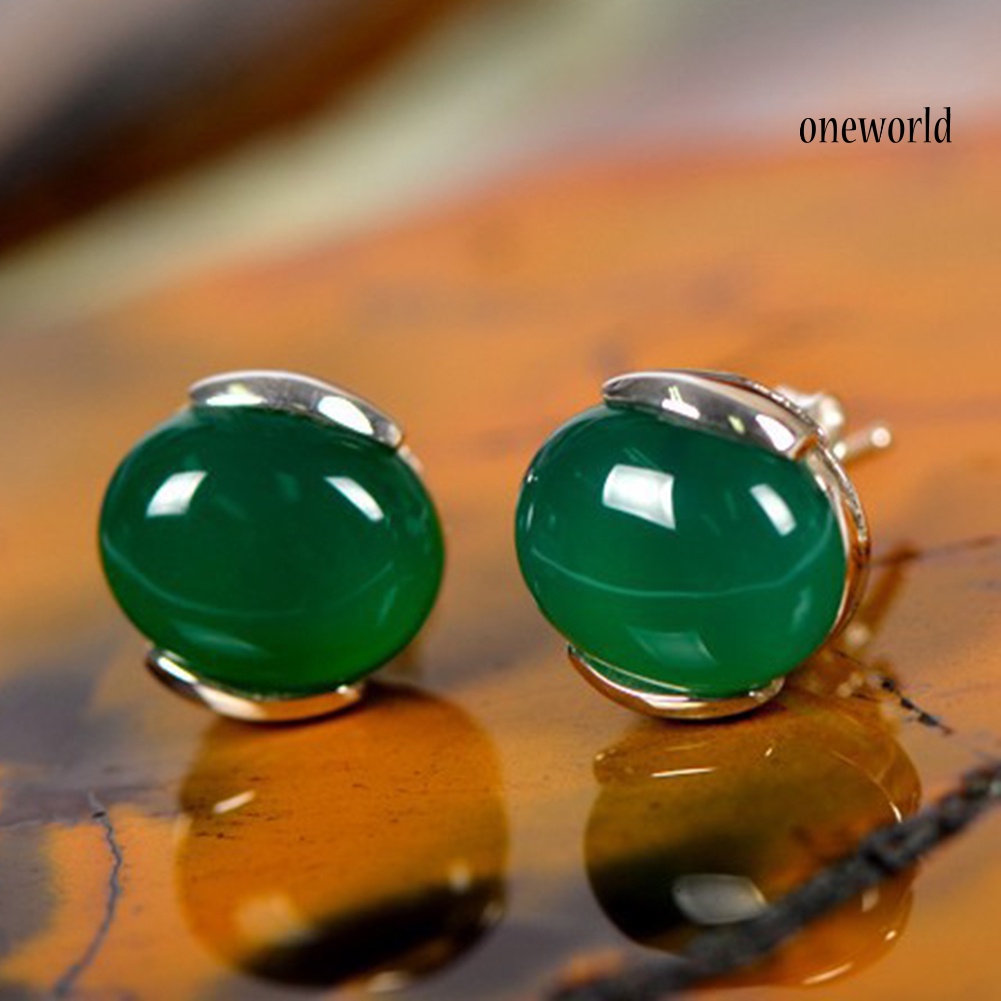 OW@ Fashion Women Natural Green Agate Stone Inlaid Plated Stud Earrings Jewelry Gift