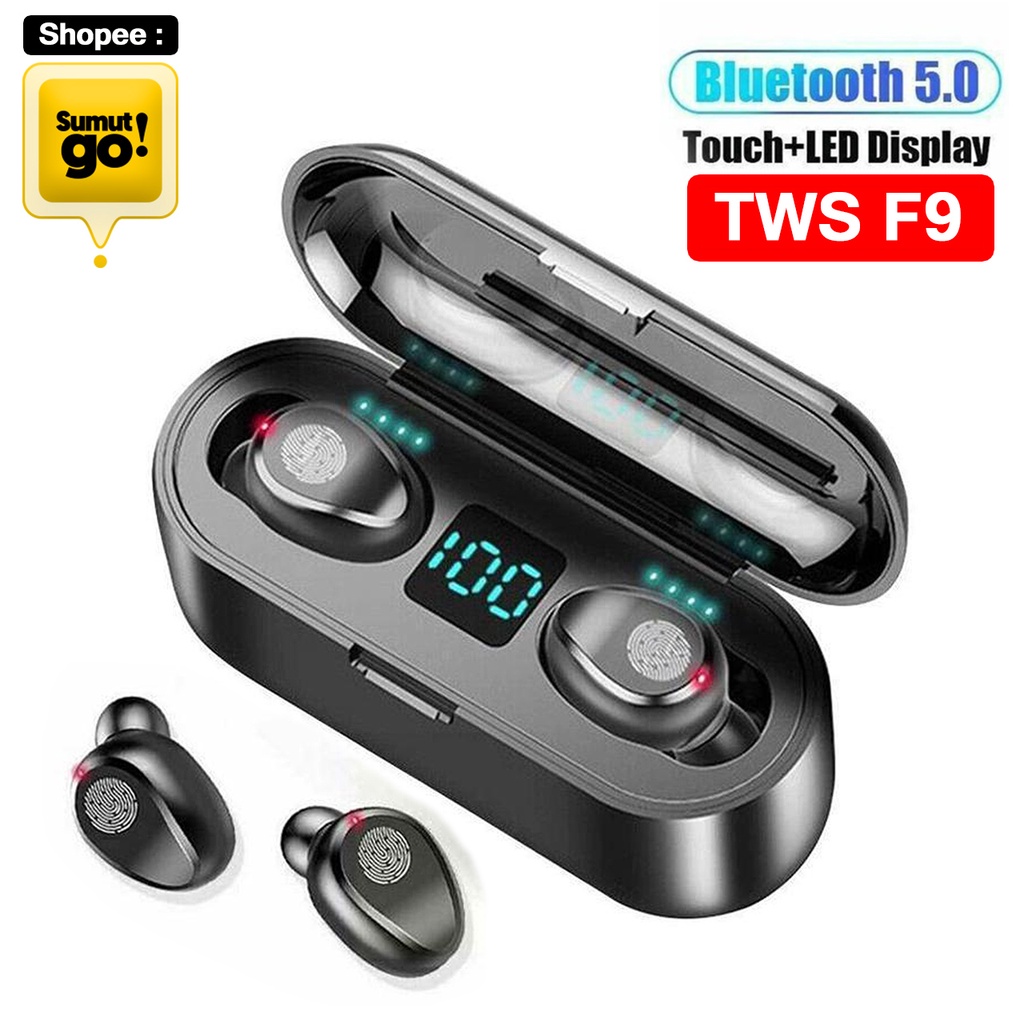 [Original] TWS F9 Earphone Bluetooth 5.0 / Headset Wireless Stereo HiFi / Earbuds Waterproof / untuk Android ios / Produk Asli-Hitam