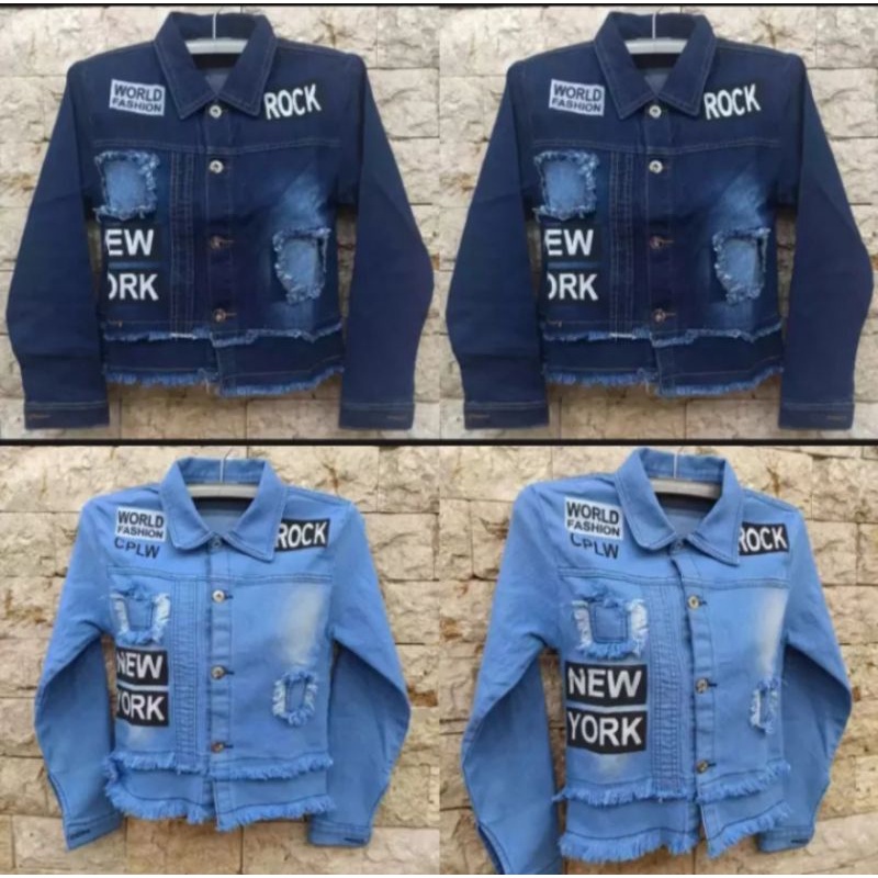 Jaket jeans crop wanita/Jaket jeans crop motif bordir rock new York/Jaket Levis import