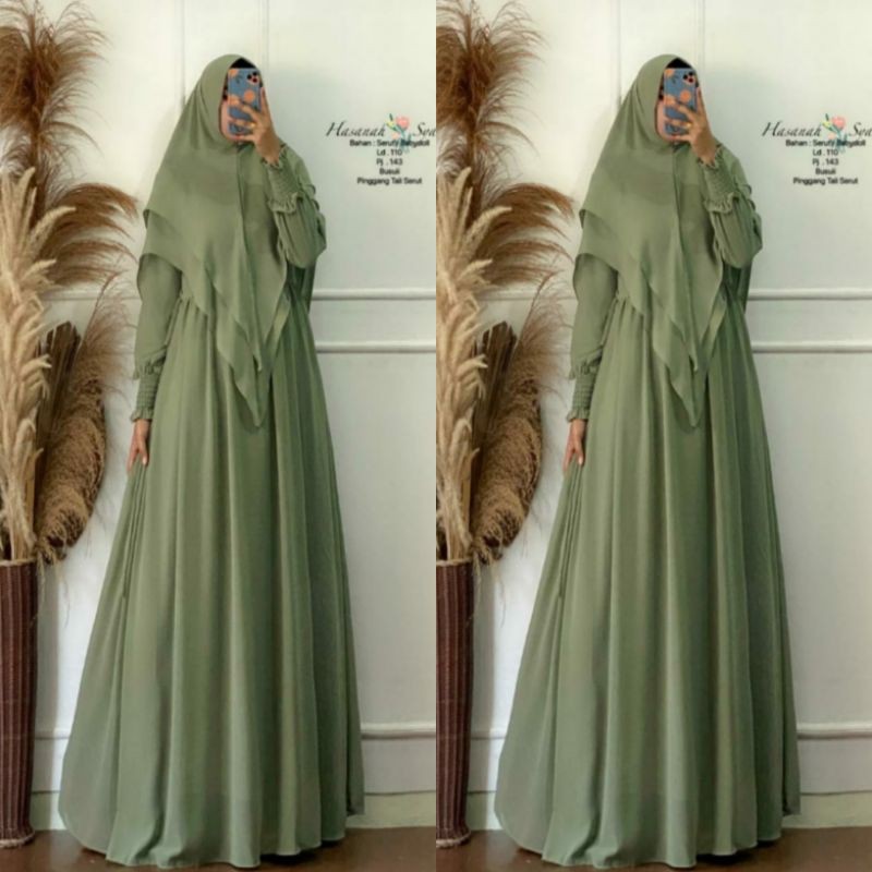 gamis hasanah syari set khimar bahan ceruty babydoll original