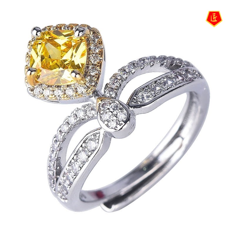 [Ready Stock]Pt950 Square Yellow Diamond Creative Crown Ring