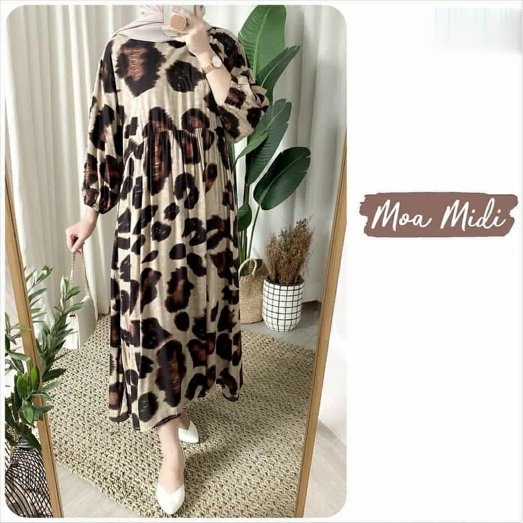 MIDI DRESS WANITA // LONG DRESS MUSLIM BAHAN RAYON PREMIUM ORI TERBARU MOTIF LEOPARD COD