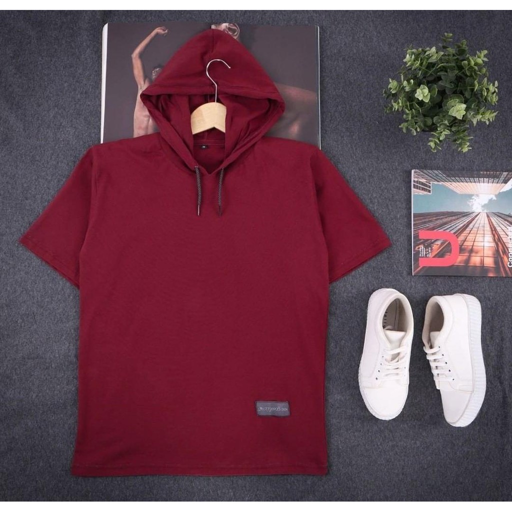 Kaos Kupluk Polos Hoodie pria wanita lengan pendek size M L XL XXL Maroon Hitam Navy Putih Pink