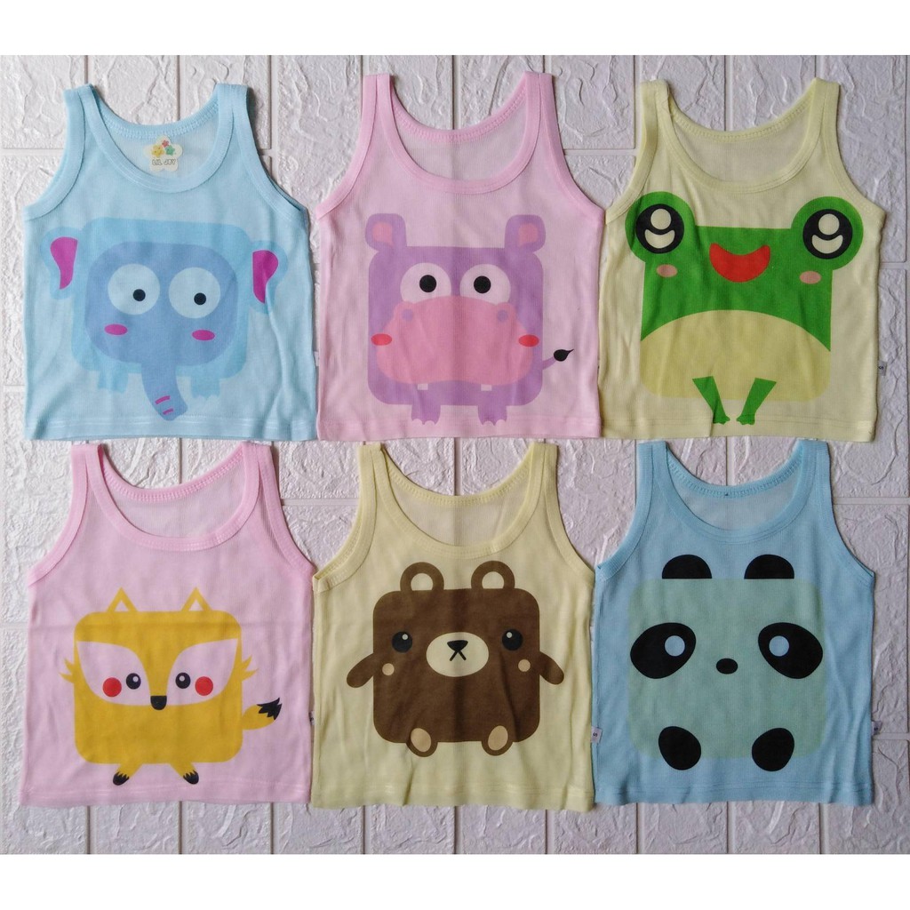 1 LUSIN | 12 pcs  SINGLET Bayi Dan Anak Kaos Dalam  KUTUNG Motif Putih &amp; Warna