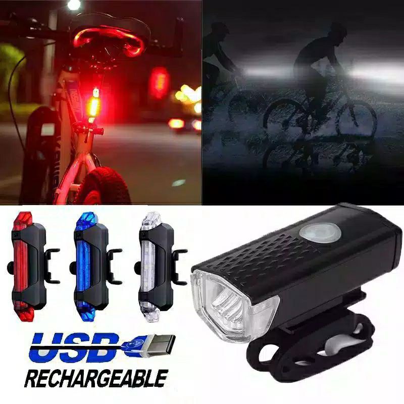 Lampu LED Depan Belakang merah/putih/biru/multi warna Sepeda gowes rechargeable via USB