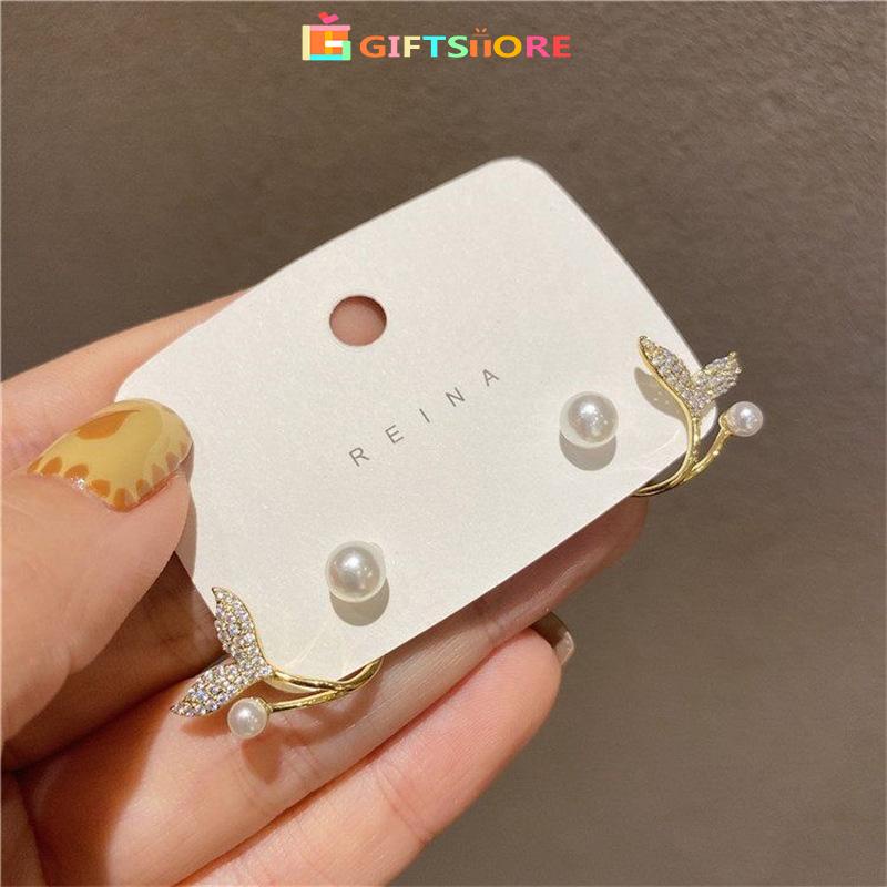 COD✨Anting Tusuk Sterling Silver 925 Model Ekor Ikan Hias Mutiara Elegan Ala Korea Untuk Wanita gs