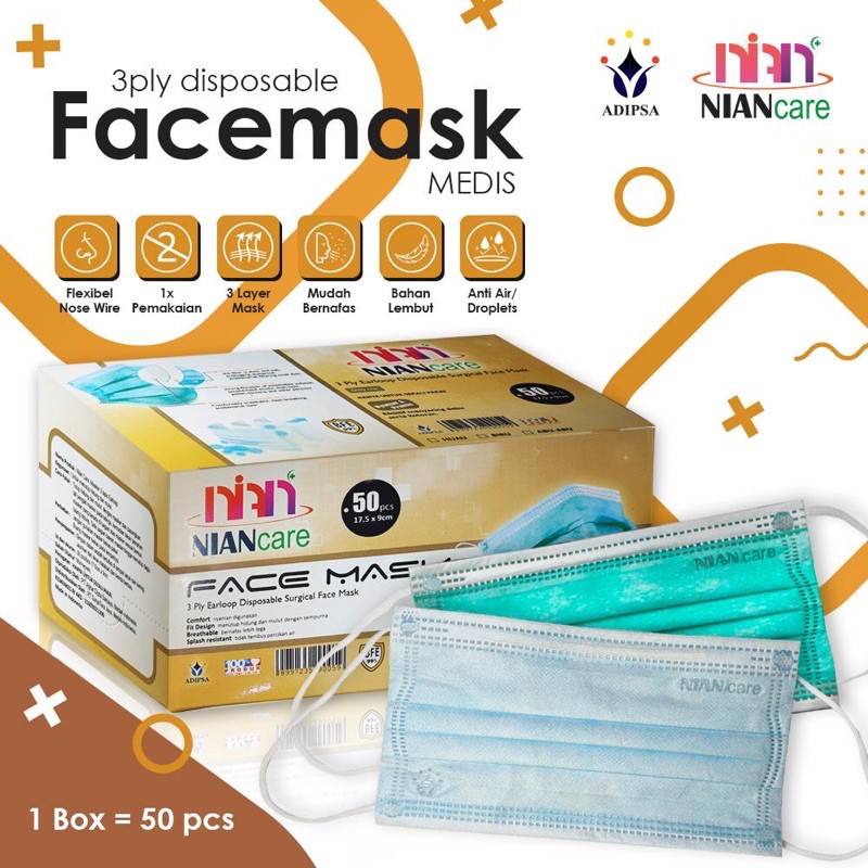 MASKER MEDIS NIAN CARE EARLOOP POLOS &amp; MOTIF BATIK HEADLOOP HIJAB ISI 50 PCS ADA IJIN KEMENKES RI