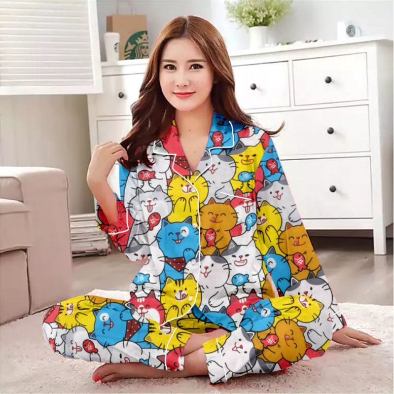 piyama setelan lengan panjang/baju tidur wanita terbaru/setelan wanita katun-PP full cat