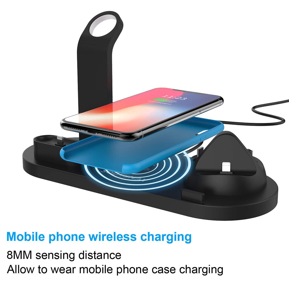 6 in 1 Wireless Charger Dock 15W Fast Charge untuk Apple Watch Airpods Charger/Samsung iPhone Wireless Charging Micro USB Type C Phone Holder