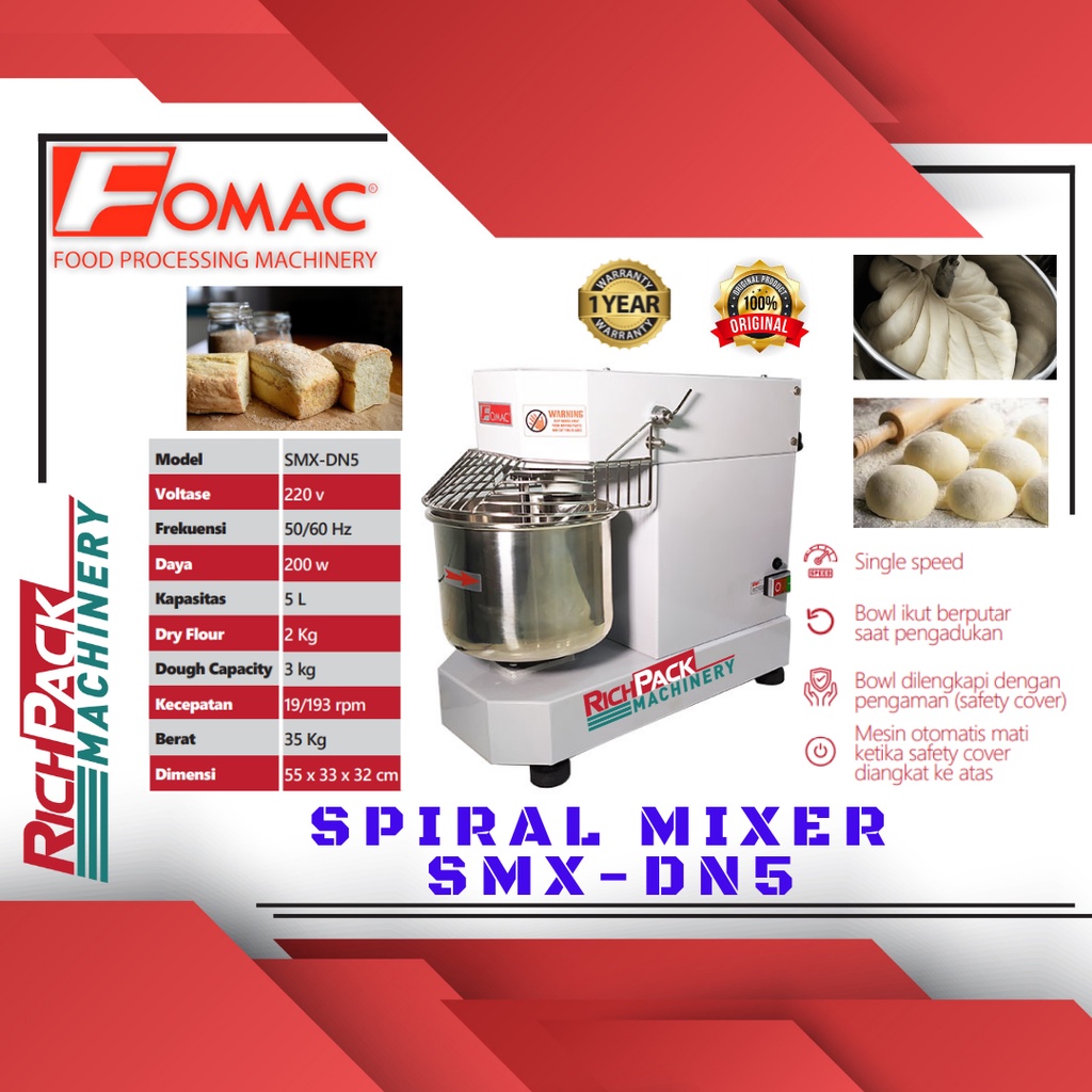 Fomac SMX-DN5 Spiral Mixer Mesin Pengaduk Adonan Spiral 5 Liter