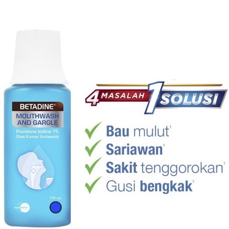 Betadine Mouthwash Gargle 190 ML Biru Obat Kumur Antiseptik Betadin 100 ML