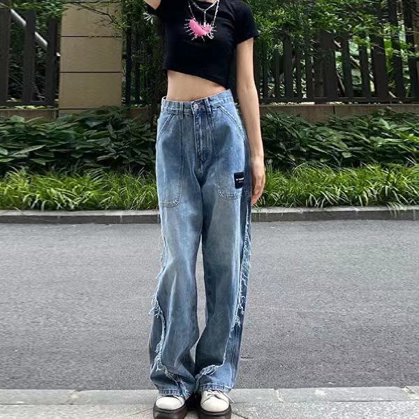 celana jeans pinggang tinggi wanita denim wide leg celana longgar lurus wanita pinggang tinggi mengg