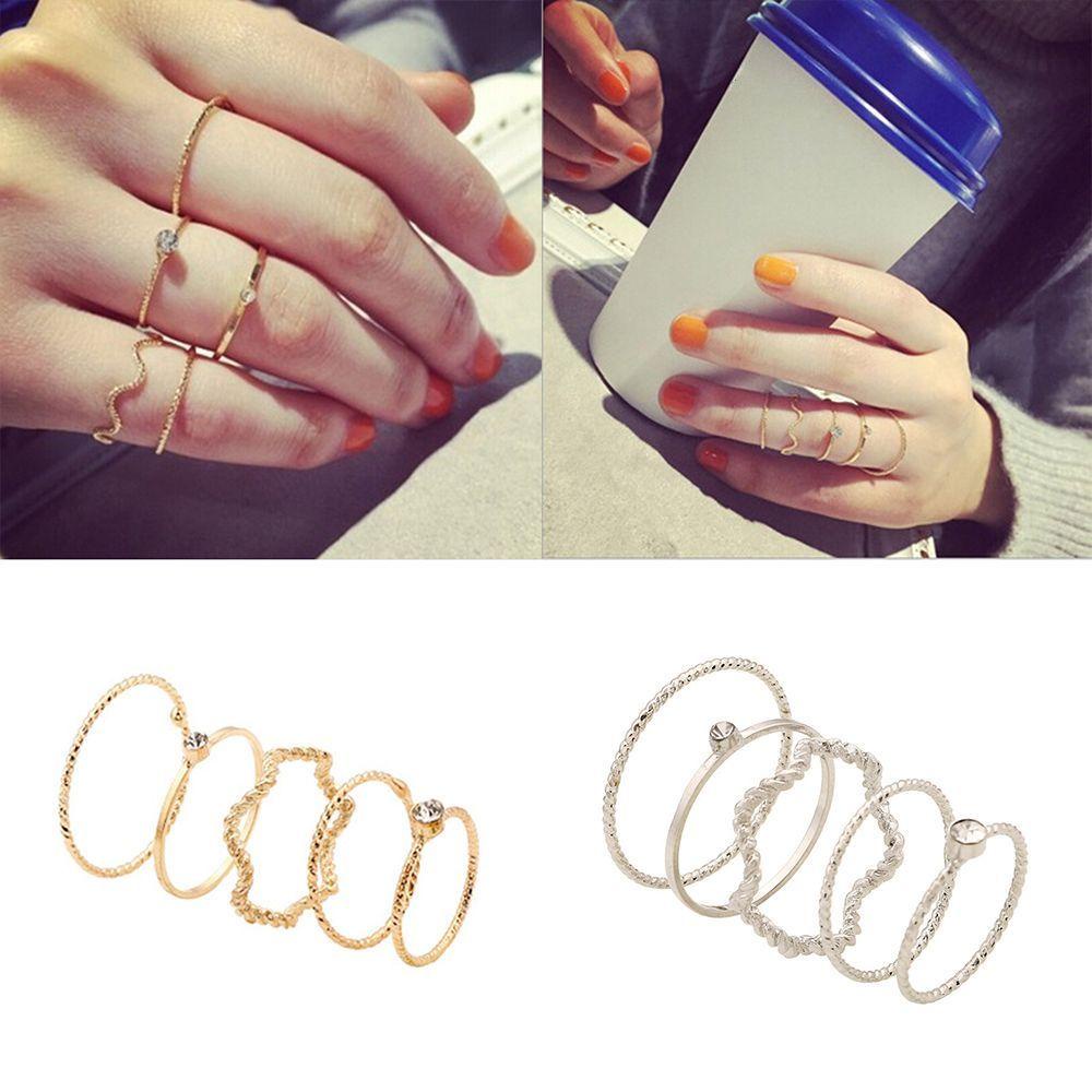 Needway 5 Pcs Lucu Chic Gaya Terang Kristal Berlian Imitasi Midi Knuckle Finger Joint Rings Wanita Cincin Set Fashion Gelombang Punk Berlapis Emas Cincin Tipis