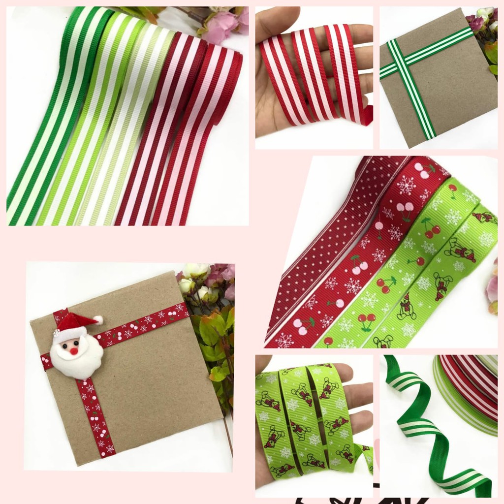 1 YARD - 1.6 CM PITA KADO  HAMPERS  NATAL |  GROSGRAIN MOTIF GARIS | MOTIF CHERRY | MOTIF NATAL