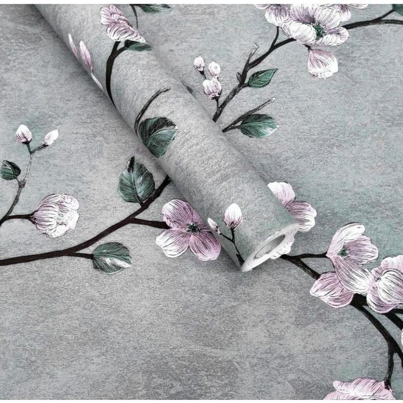 Wallpaper Sticker Dinding Abu Bunga Ranting Elegan Ruang Tamu Mewah