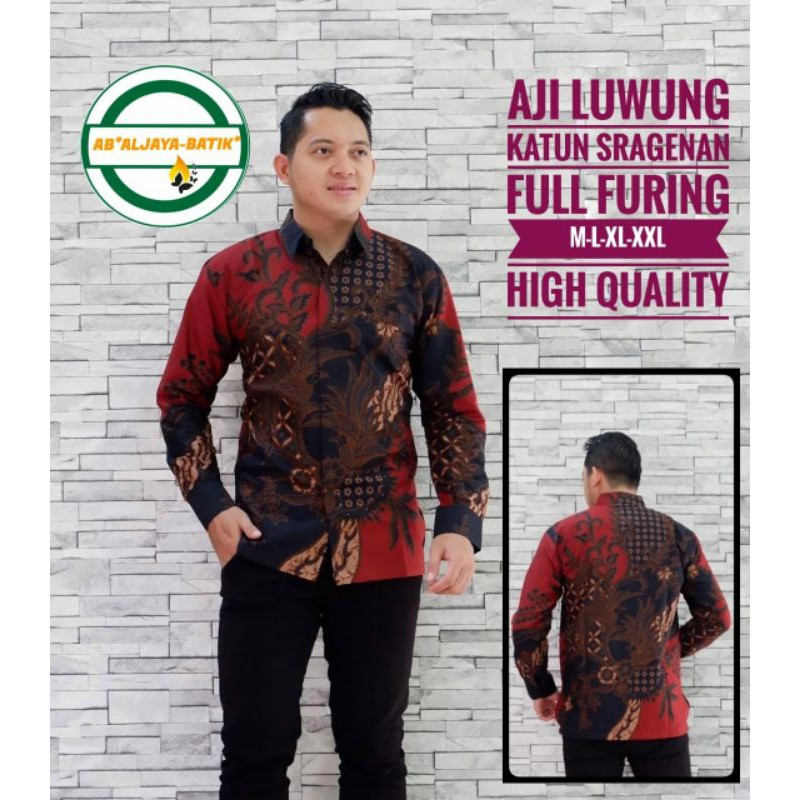 Kemeja Batik Lengan Panjang Pria Batik Lapis Furing Batik Pria Warna Merah Hitam AJI LUWUNG