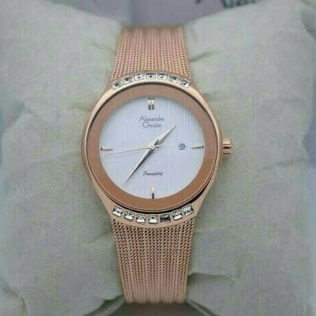 Jam Tangan Wanita Alexandre Christie 2668 AC cewe Rosegold White