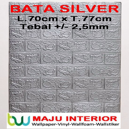 Wallpaper 3D Bata 70x77 cm Walpaper Dinding 3D Brick Foam Motif Anak Doraemon Hello Kitty Stiker-Bata Silver 2,5mm