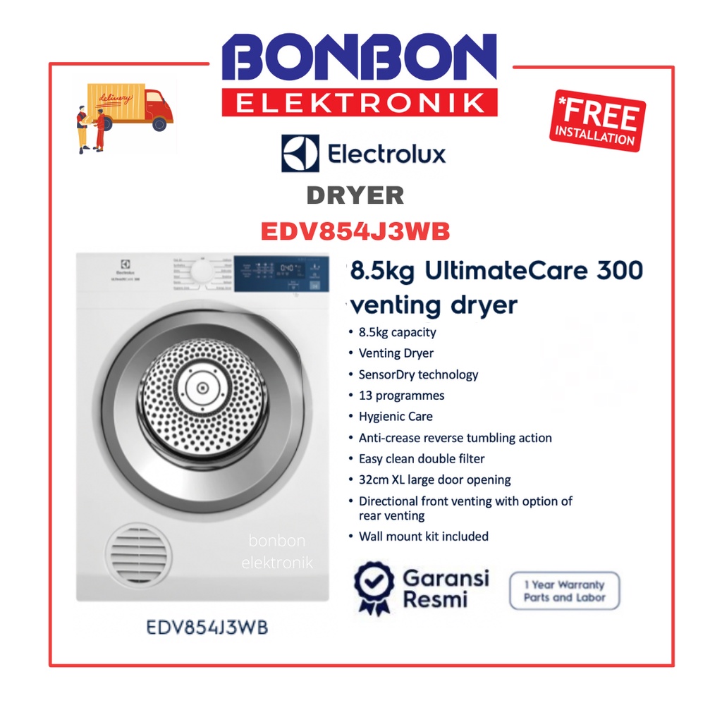 Electrolux Dryer 8.5KG EDV854J3WB / Pengering Pakaian 8.5 KG EDV 854J3WB UltimateCare