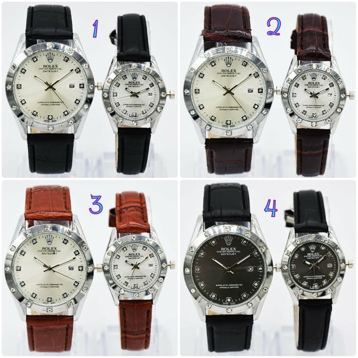 Jam Tangan Couple Pria Wanita Cewek Cowok Rolex Leather Buruan