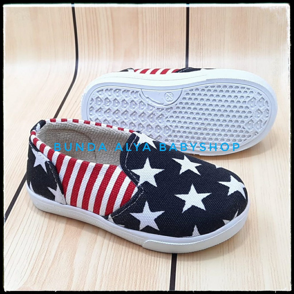 Sepatu Anak Laki Laki 1- 6 Tahun HITAM Bintang - Sepatu Anak Cowok Slip On Stripe Size 22 - 35 Sepatu Anak Unisex Cewek Cowok