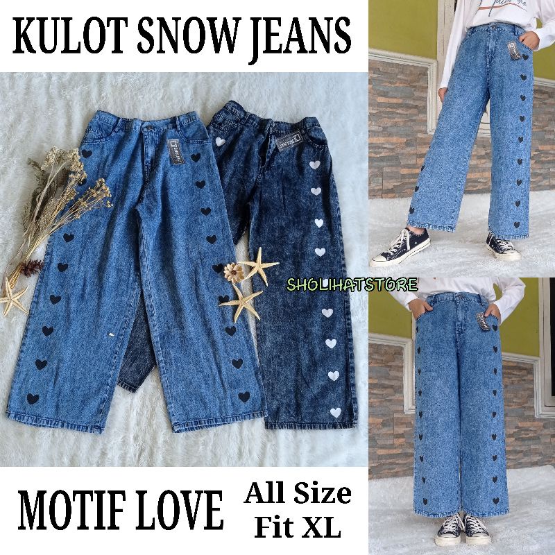 CELANA KULOT JEANS LOVE KANCING DAN SLETING PINGGANG KARET DI BELAKANG SUKURAN STANDAR SAMPAI SUPER JUMBO / KULOT SNOW JEANS PANJANG HIGH WAIST LOVE  / KULOT JEANS HW MODEL JEJE SUPER JUMBO 50KG 60KG 70KG 110KG / KULOT JEANS KOREAN STYLE / SHOLIHATSTORE