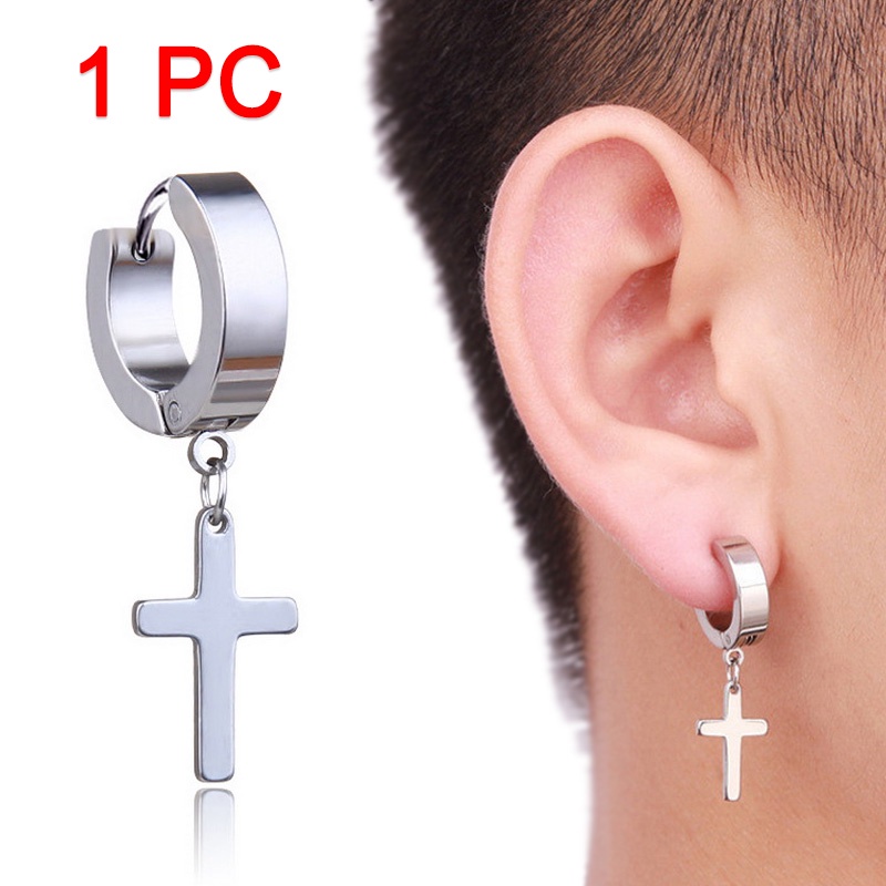 1 Pc Anting Stud Tanpa Tindik Desain Salib Bahan Stainless Steel Gaya Hip Hop Punk Untuk Pria