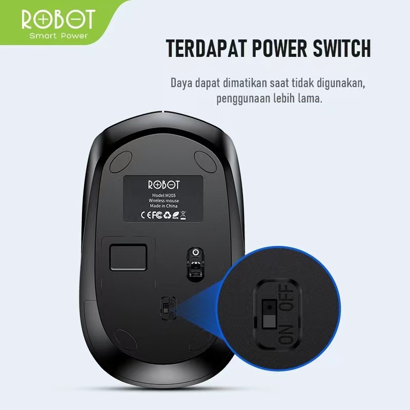 Mouse Wireless ROBOT M205 Optical 2.4Ghz Power ON/OFF 1600DPI Receiver USB untuk PC Laptop - Garansi Resmi 1 Tahun