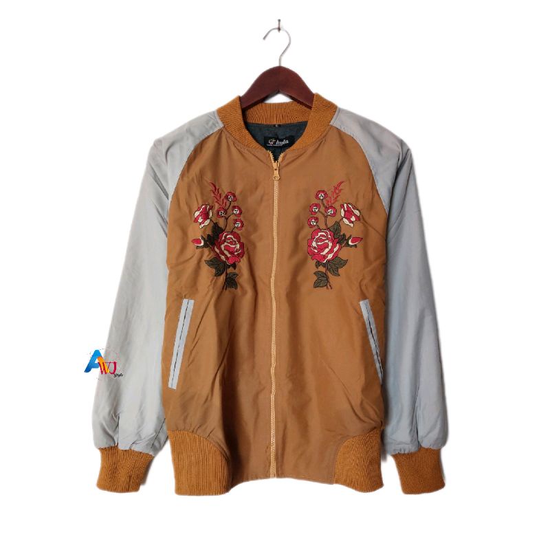 Jaket Bomber Wanita Parasut Bordir Bunga Kekinian Trendy