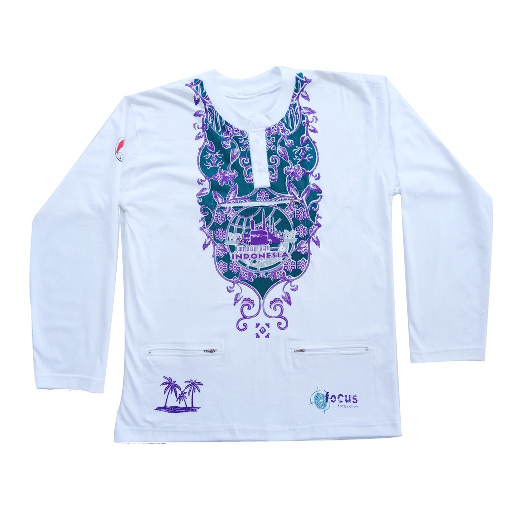 Kaos Haji Batik Pria Lengan Panjang Berkantong K3/Saku Kancing Sablon - Perlengkapan Haji dan Umroh