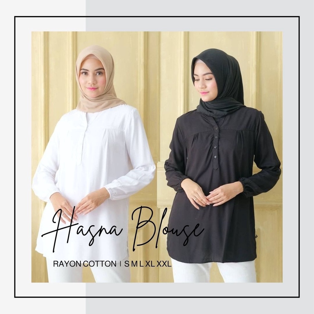 Modesee Blus Kemeja Polos Wanita Katun Rayon Hasna Blouse M1329, Kemeja Blus Putih Polos, Kemeja Blu