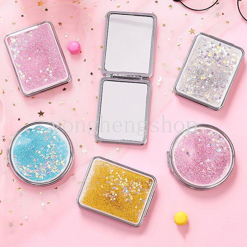 Cermin Saku Lipat Mini Portable Dua Sisi Motif Pasir Glitter Untuk Makeup / Kosmetik Wanita