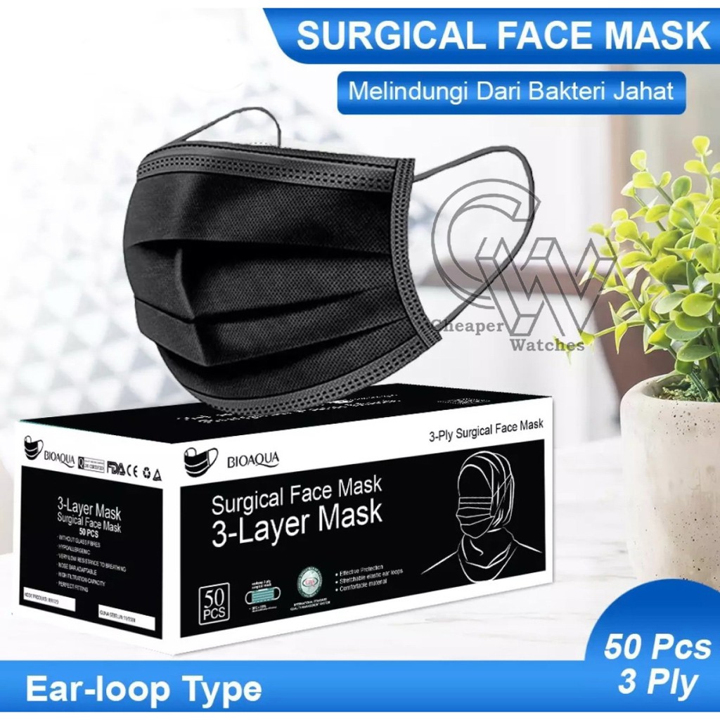 Cheaper-Masker Hitam 3ply Masker Surgical Masker Medis isi 50pcs/1 box FaceMask Disposable Masker Mulut