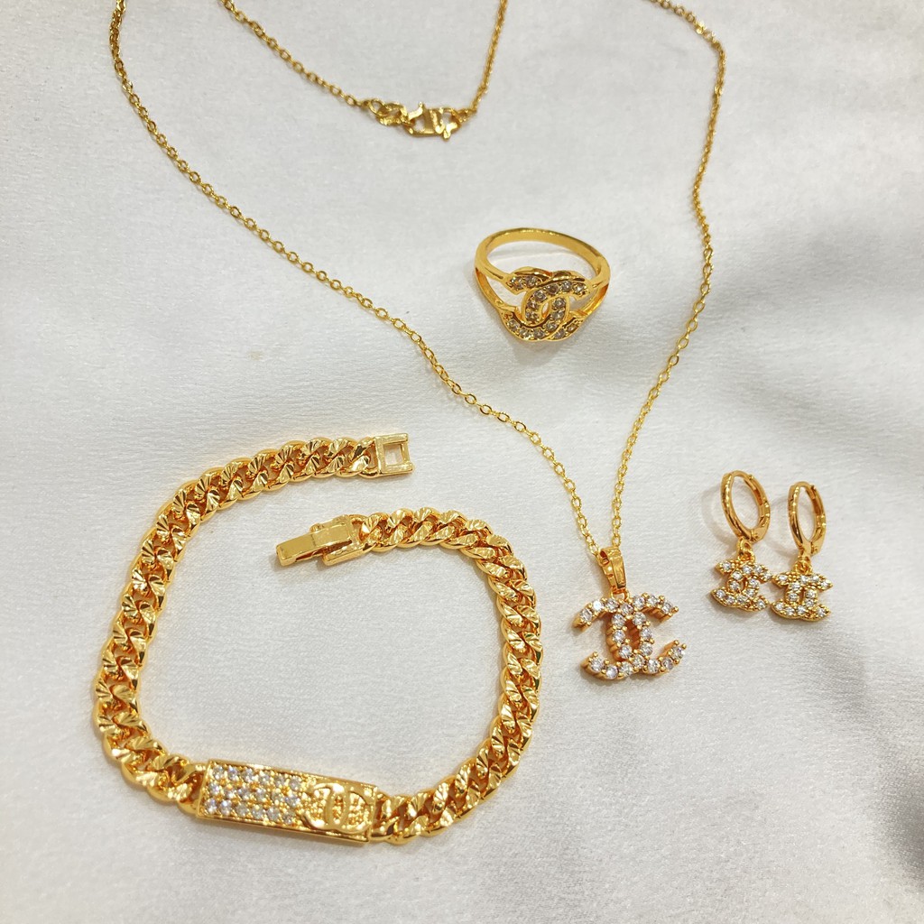 Set Perhiasan Kalung Anting Gelang Cincin Full Permata Branded Lapis Emas Dewasa
