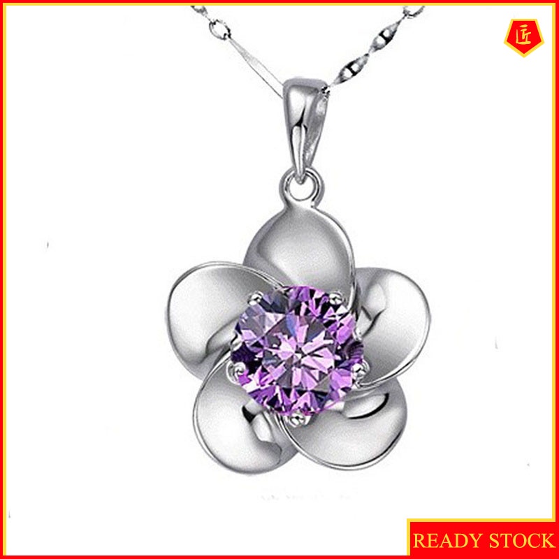 [Ready Stock]Silver Necklace Women's Plum Crystal Pendant Simple Fashion Elegant