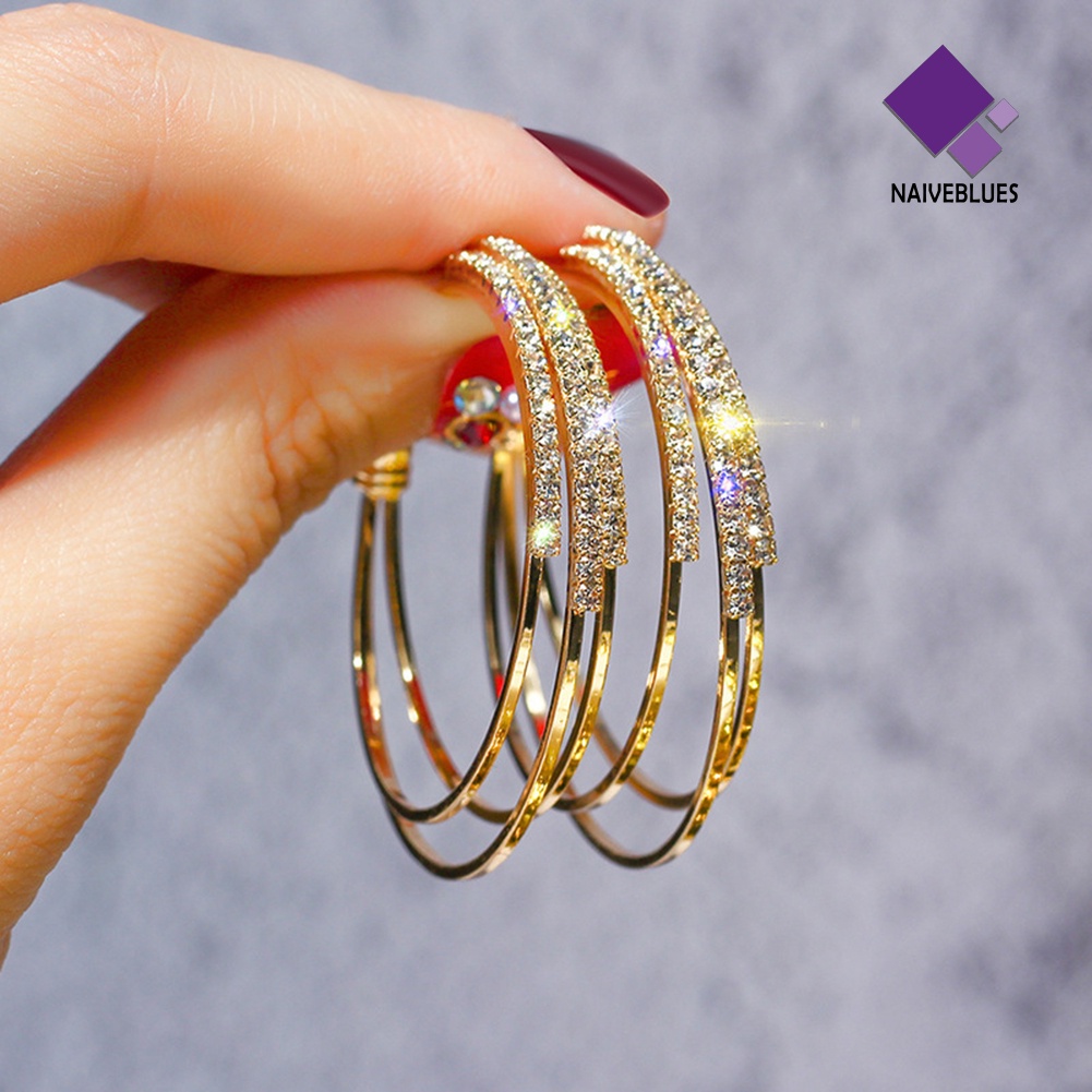 Anting Hoop Berlian Imitasi Bentuk Lingkaran Tiga Untuk Wanita