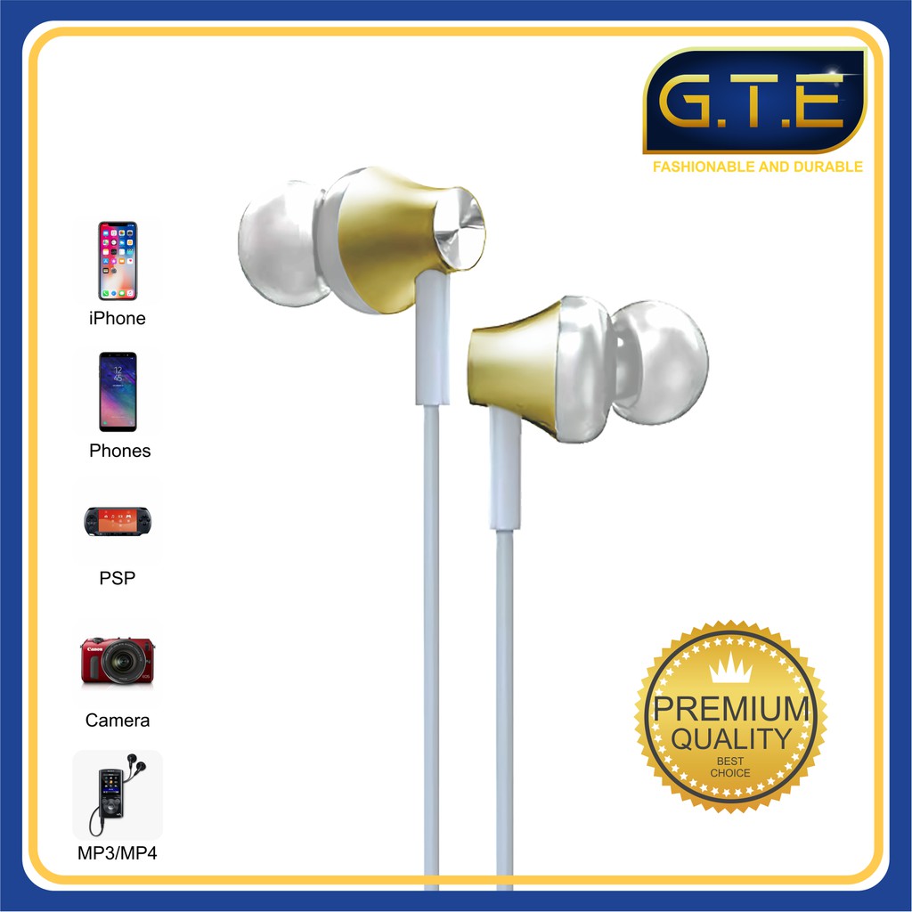 Earphone In-Ear Stereo Booster, Headset Stereo, Hifi Bass GTE dengan Mic + Kabel Jack 3.5mm