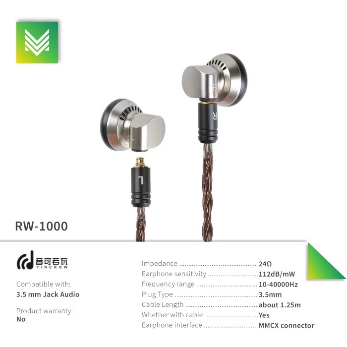 Yincrow RW-1000 3.5mm Earbud HIFI Metal CNC Earphone 15mm Dynamic