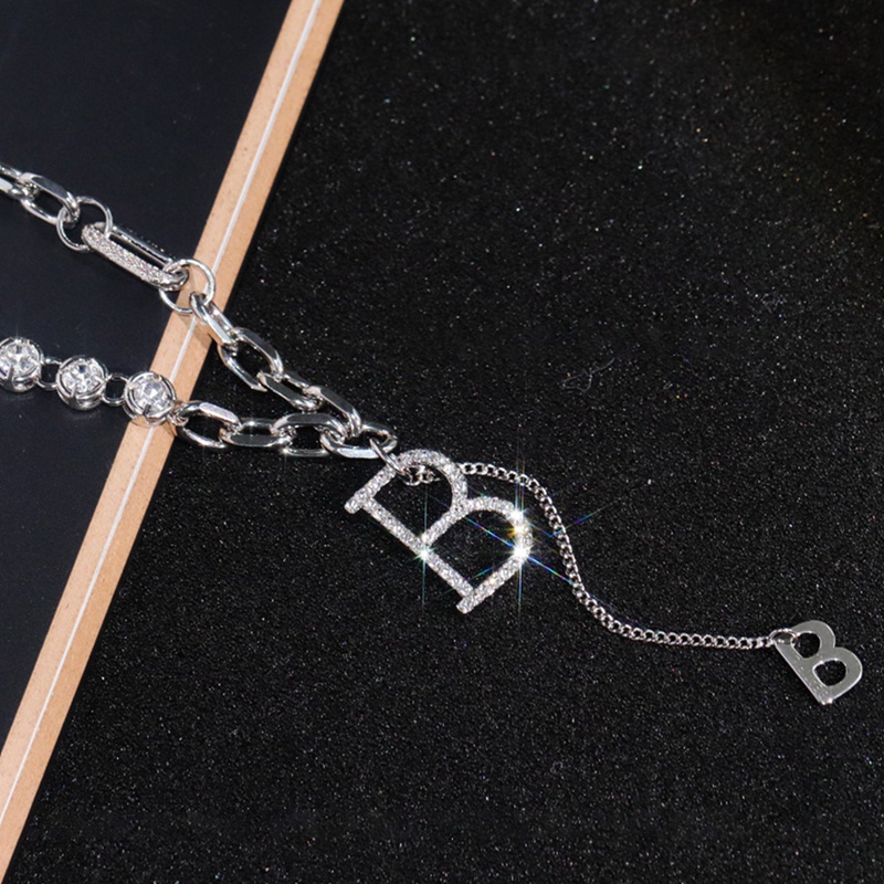 Fancyqube Kalung Rantai Klavikula Desain Huruf B Warna Silver Gaya Punk Untuk Aksesoris Sweater Wanita