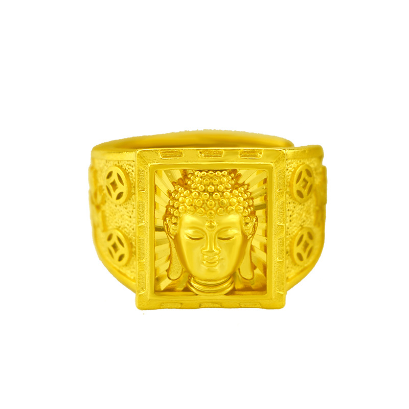 Cincin Emas Asli Kadar 375 Model Terbuka Dapat Disesuaikan Desain Patung Buddha Untuk Pria