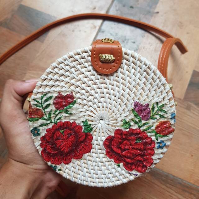 Tas Bulat Rotan Motif Lukis 15cm Tas Slempang Bulat 