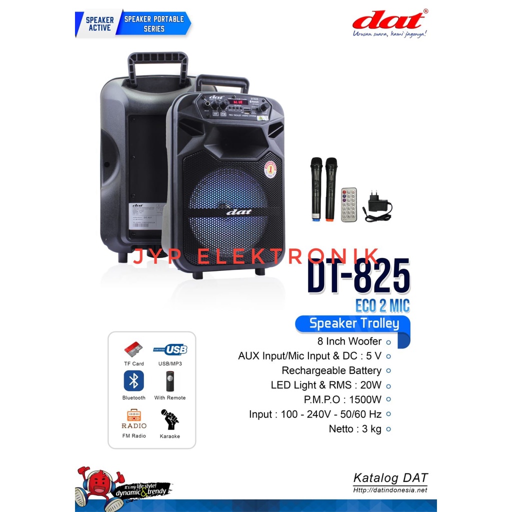 SPEAKER TROLLEY DAT DT 825 / DT825 ECO 2 MIC 8 INCH + 2 MIC WIRELESS