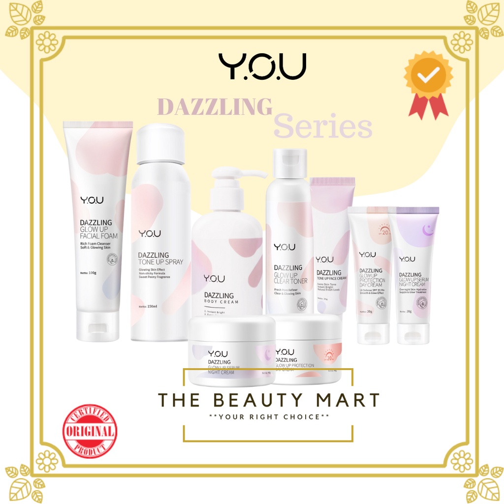 Y.O.U Dazzling Glow Up Series Instan Bright | Tone Up Spray, Day/Night Cream, Face Wash, Body Cream, Glow Up Toner