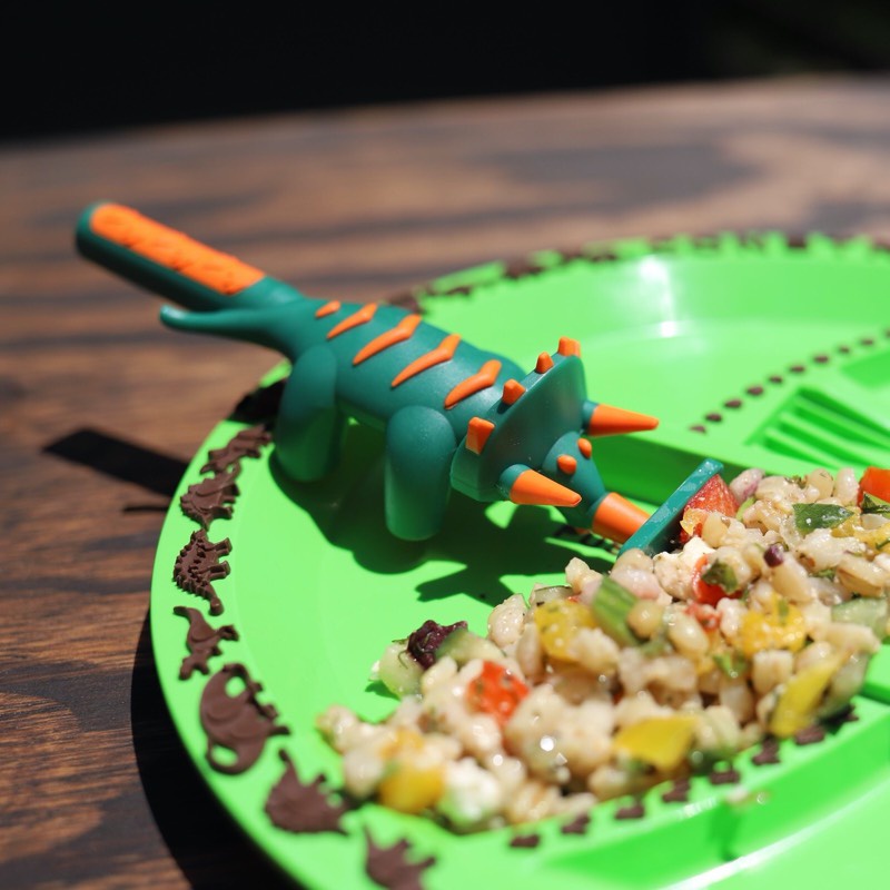 Constructive Eating - Dino Pusher, Alat latihan makan bentuk pendorong sambil bermain tipe dinosaurus pendamping sendok garpu made in USA - Therapy Tools