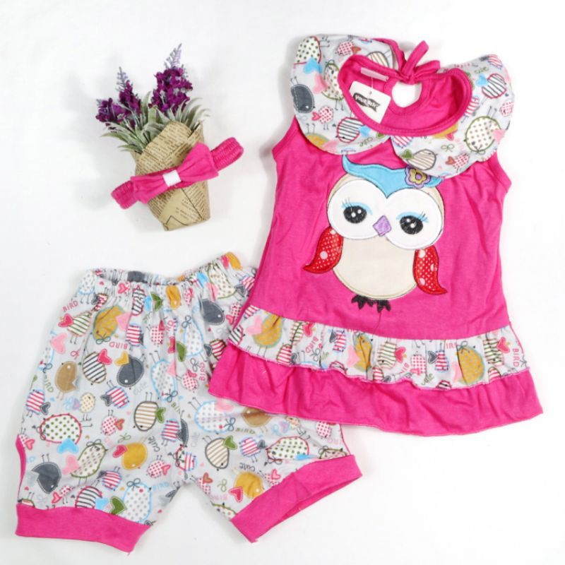 SETELAN BABY SR107 FASHION BAJU ANAK PEREMPUAN MOTIF OWL 1 TAHUN GAMBAR BORDIR