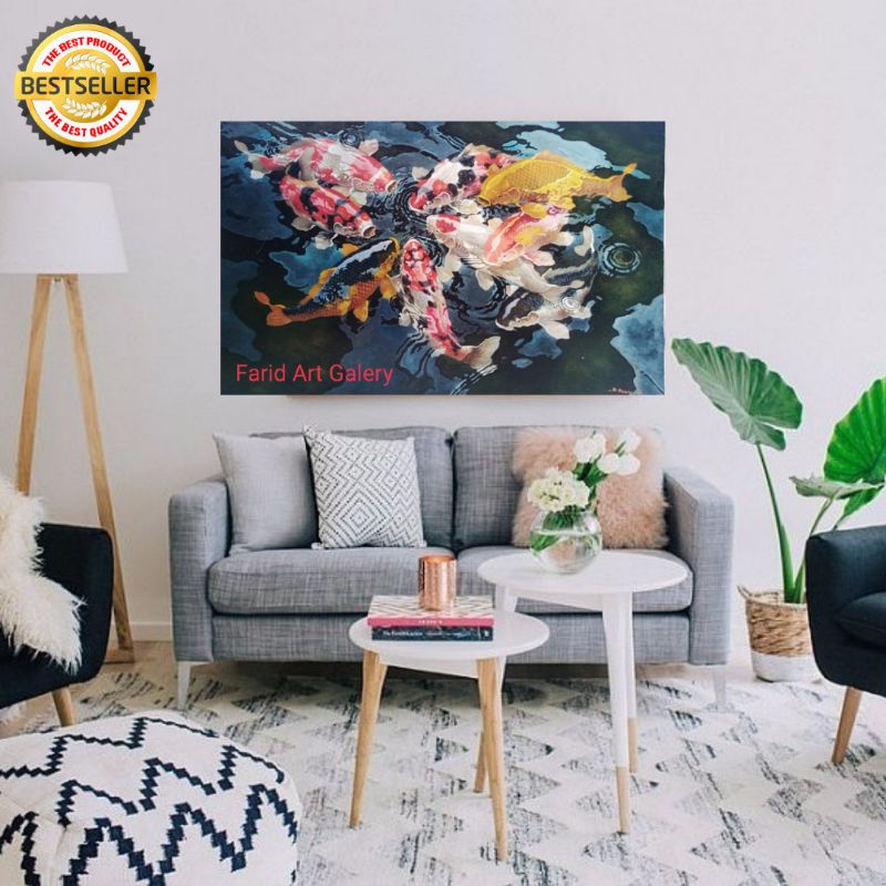 Lukisan kanvas ikan koi 90x140cm | Lukisan Bersertifikat