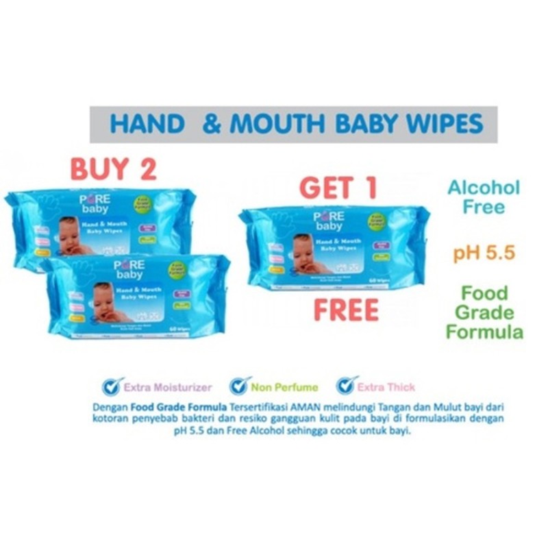 Pure Baby Hand and Mouth Baby Wipes Tissue Basah 60sheet Buy 2 get 1 Tisu Bayi